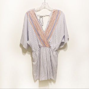 Altar’d State romper blue striped embroidered boho surplice
